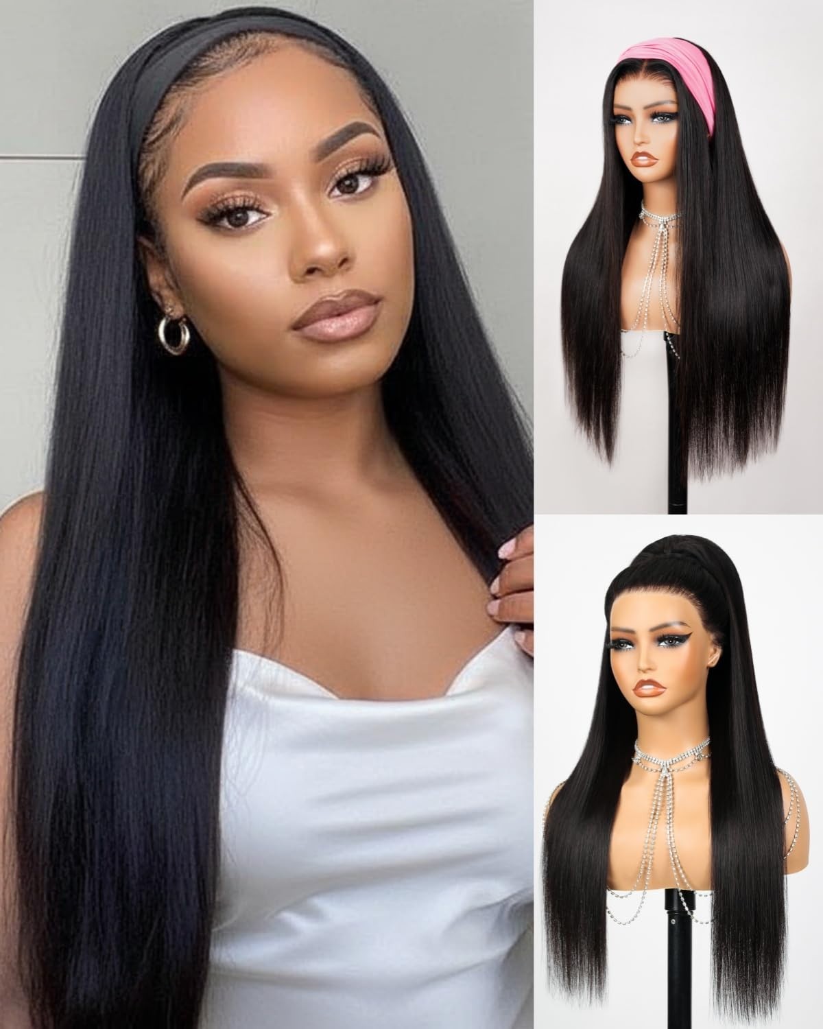 20-Inch Straight Headband Wig Human Hair Drawstring Ponytail Half Wig – No Lace,
