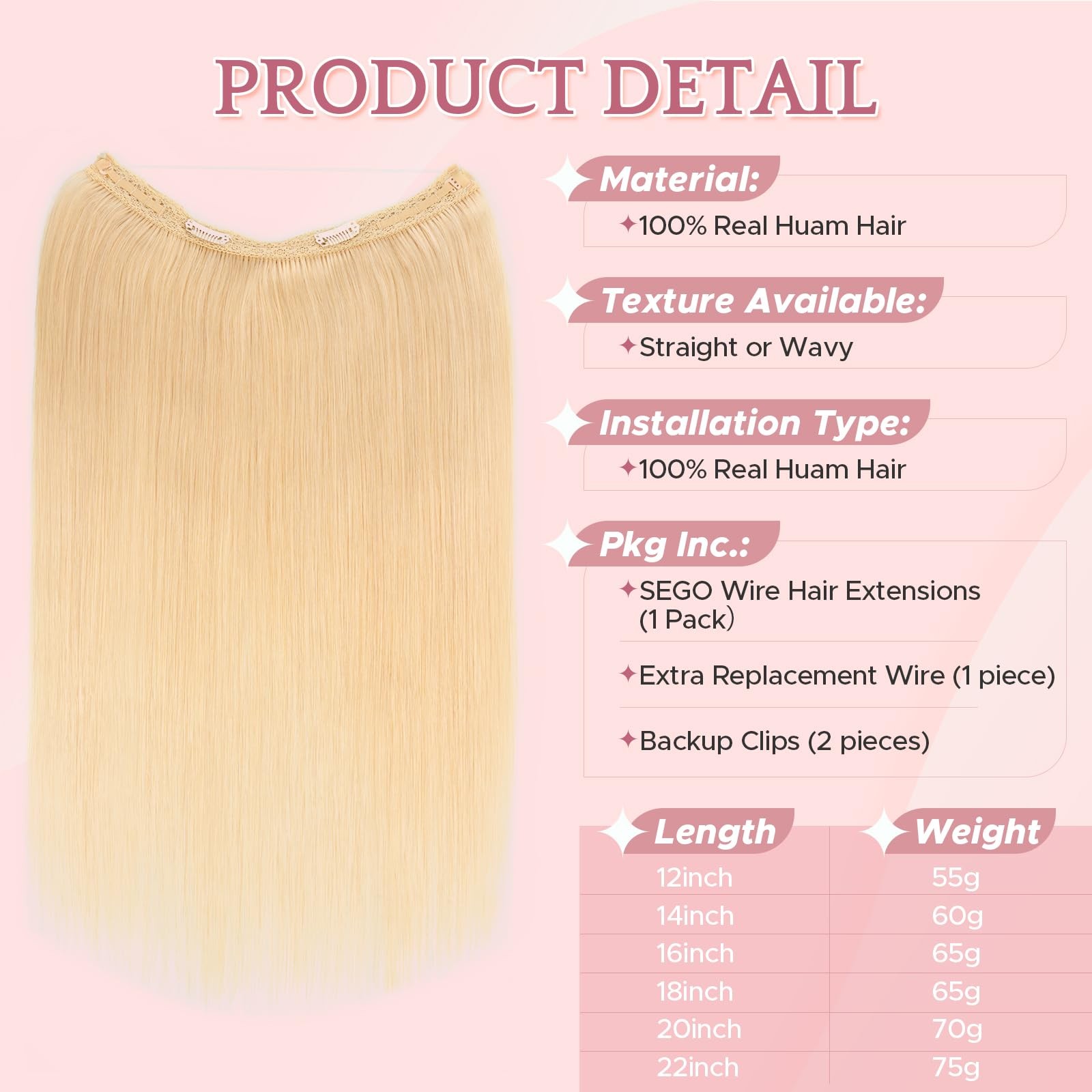 Sego Halo Hair Extensions Adjustable Invisible Wire Extensions Real Human Hair