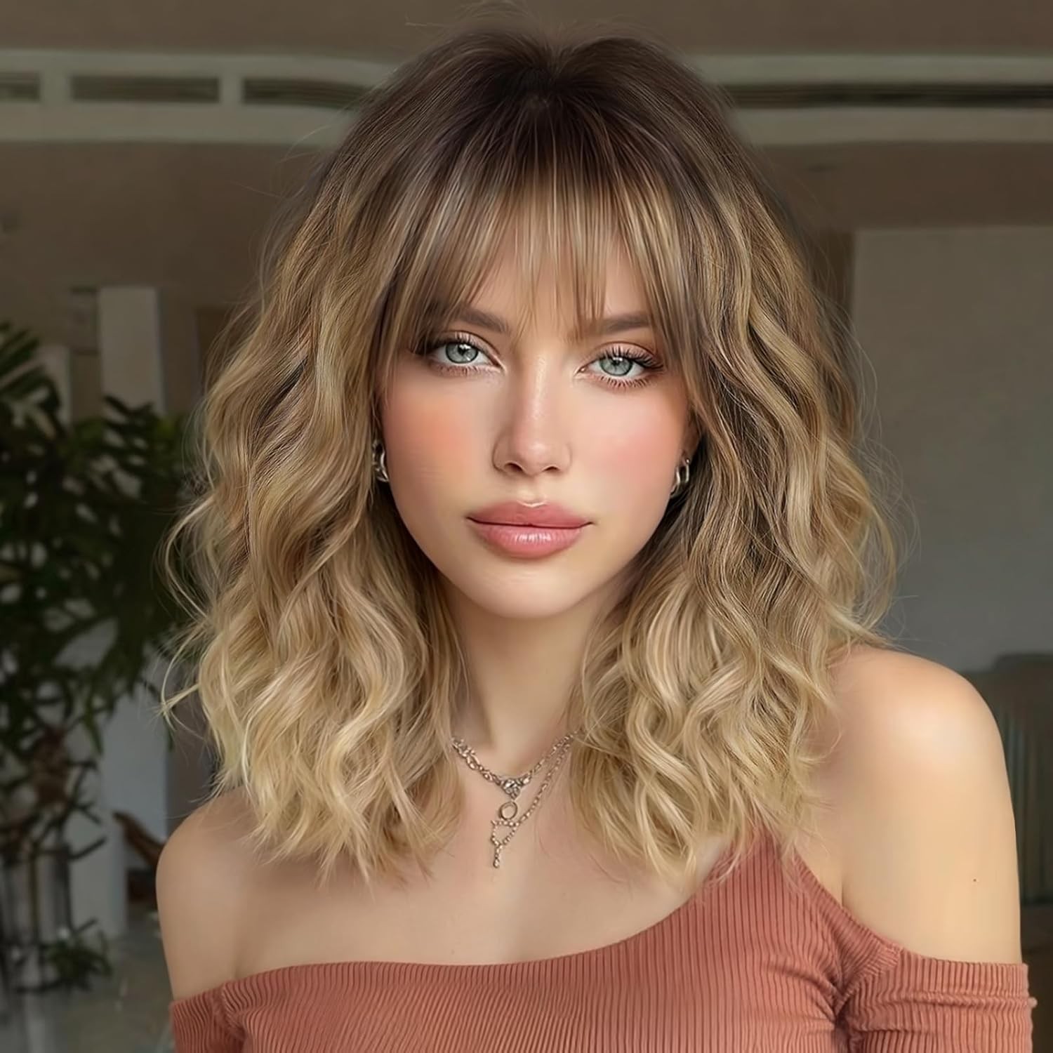 14inch Short Wavy Curly Bob Wig with Bangs Synthetic Hair for Women Black Brown