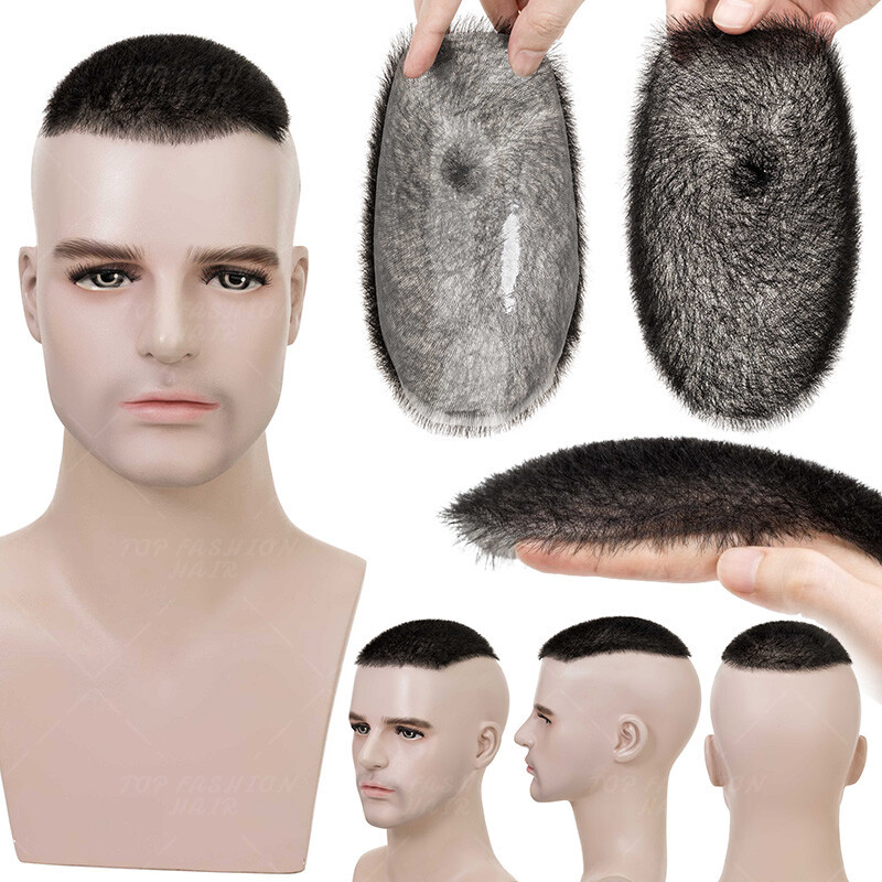 Mens Short Buzz Cut PU Skin Toupee 100% REMY Human Hair Replacement System 11gr