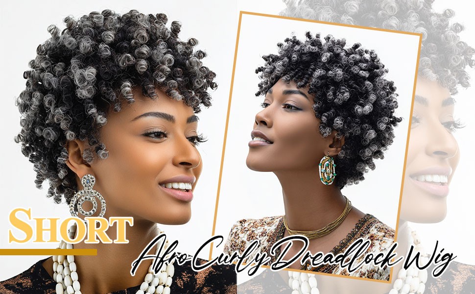 MIMAN Tight Curl Short Black Grey Afro Wig curly kink twist woman synthetic 10″