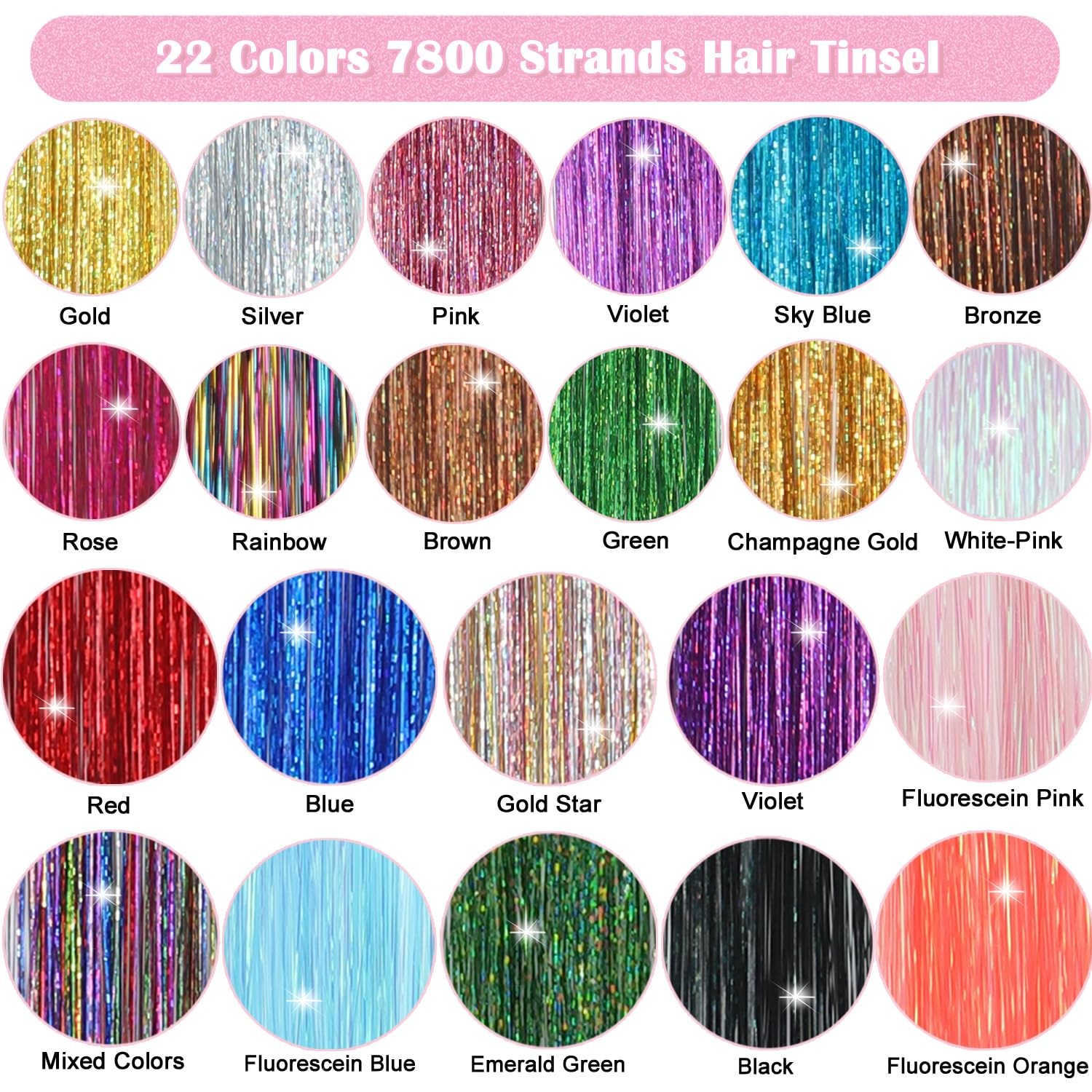 22 Colors Hair Tinsel Kit, 7800 Strands 48 Inch Glitter Tinsel Hair Extension…