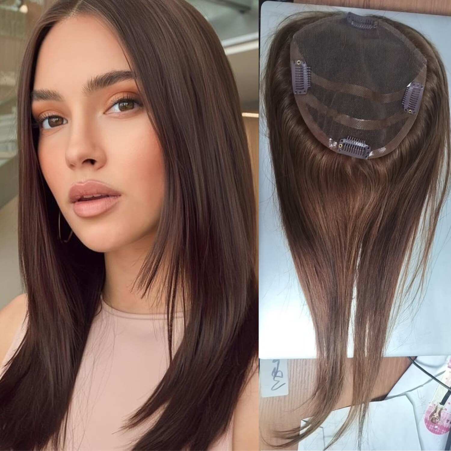 Straight Auburn Brown Human Hair Topper Swiss Lace 6 * 5.5” Cap Size 18 Inch
