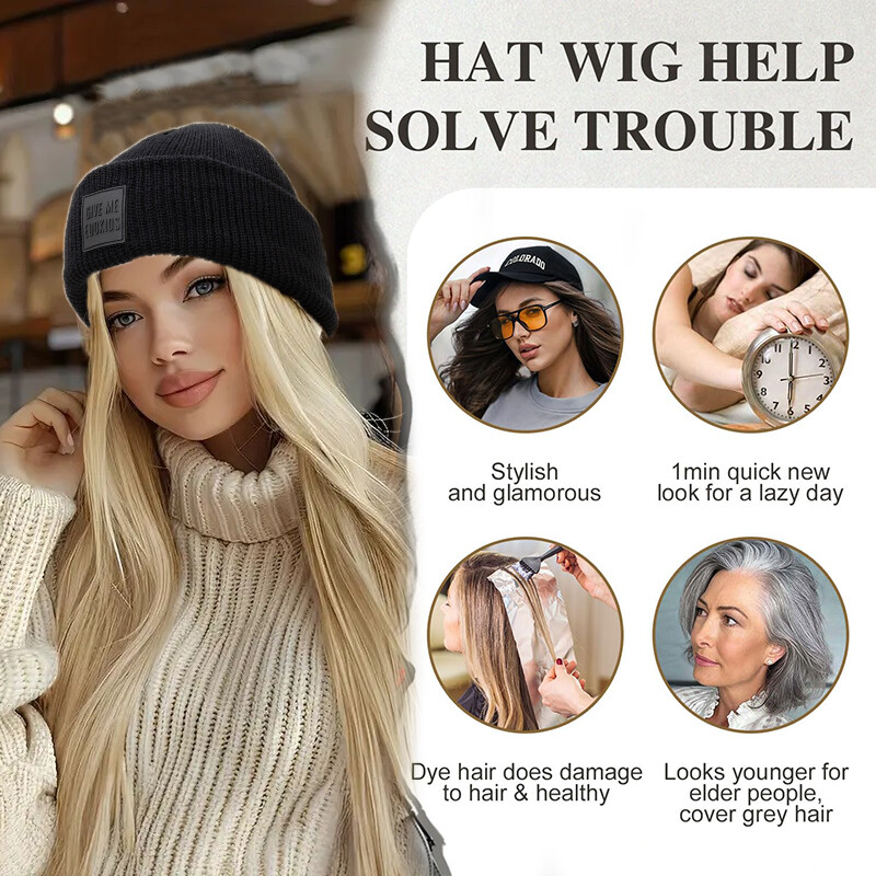 Women Knitted Beanie Hat Long Curly Wavy Wig Synthetic Hair Winter Slouchy Cap