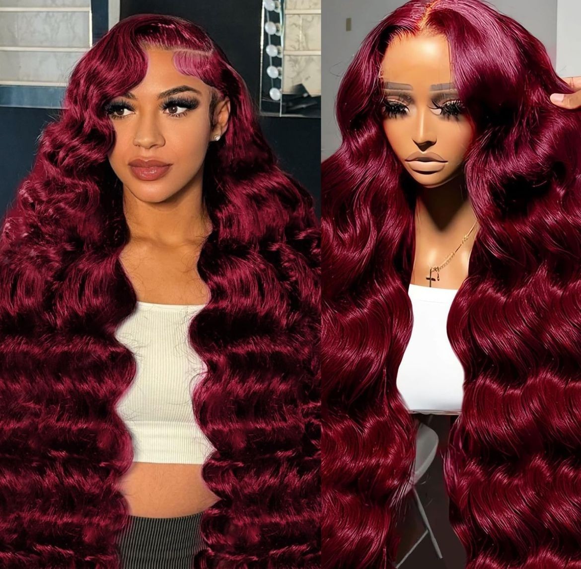28 Inch 99J Burgundy Lace Front Wigs Human Hair Body Wave 13×4 HD .