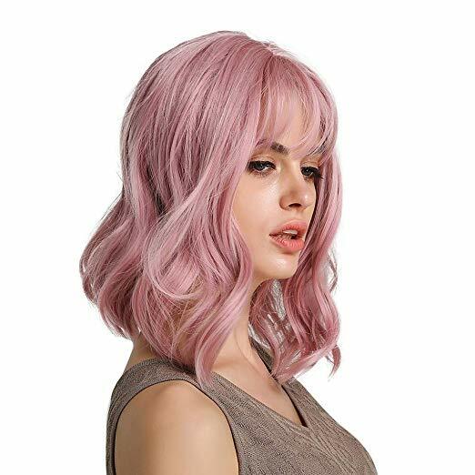 Women Girls Pink Bob Wig with Bangs Short Wavy Pink Bob Wig Synthetic Bob Wig US