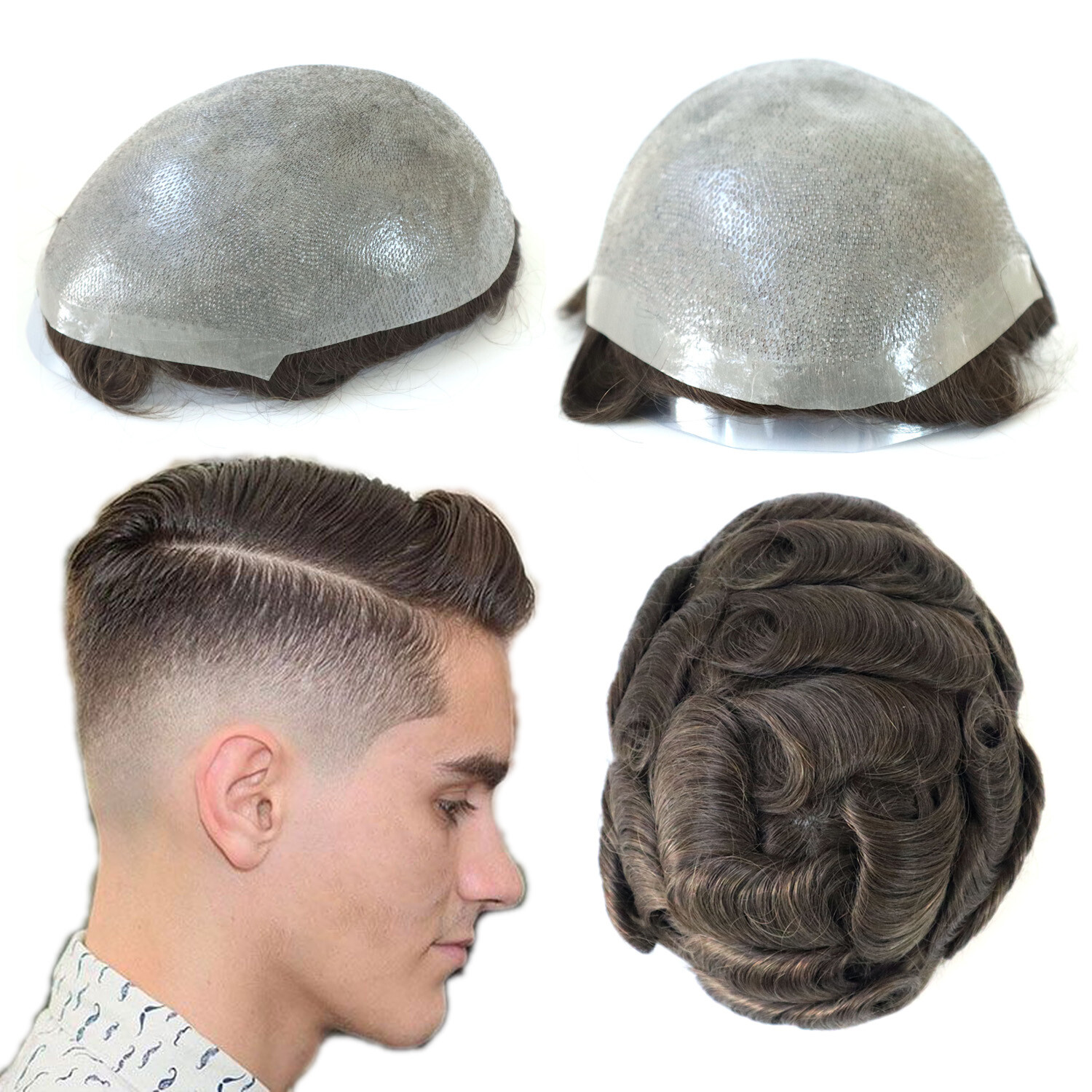 Mens Toupee Real Hair Replecement System Wigs Thin Skin Human Hairpieces 8×10