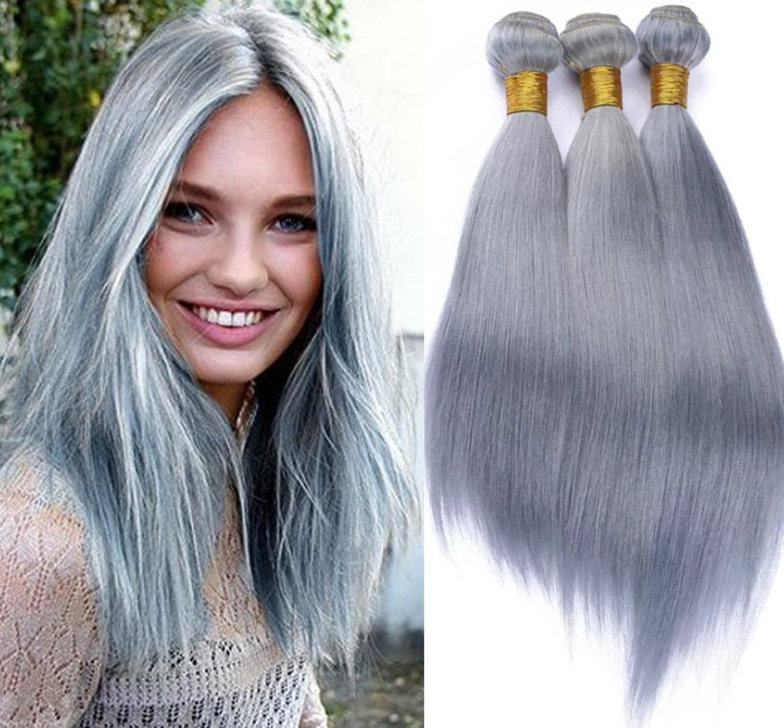 3bundles silvery grey hair bundles grey hair silk straight human hair extension
