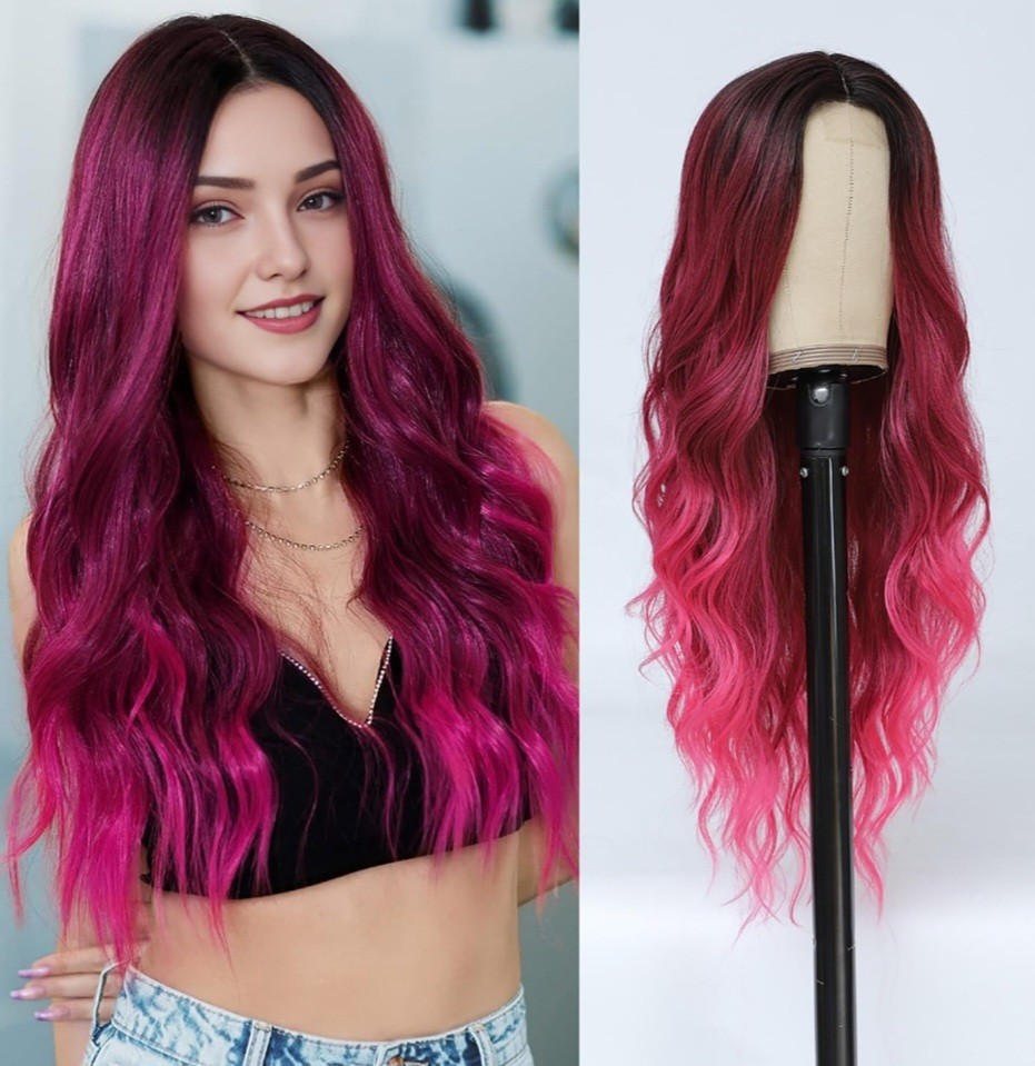 Amarilis Long Wavy Synthetic Wig Hot Pink Ombre Middle Part Party Cosplay NIB