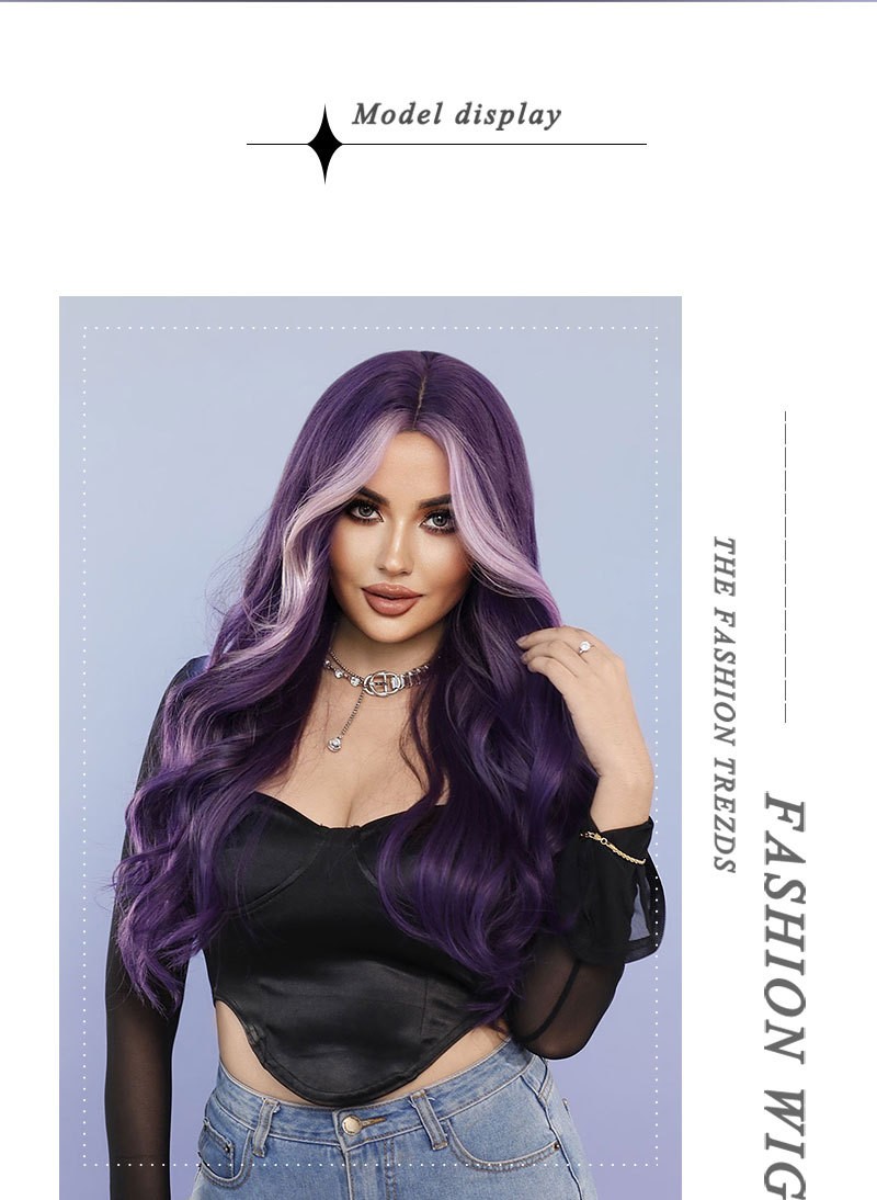 28in Purple Highlighted Pink Long Wavy Wig Heat Resistant Synthetic Cosplay