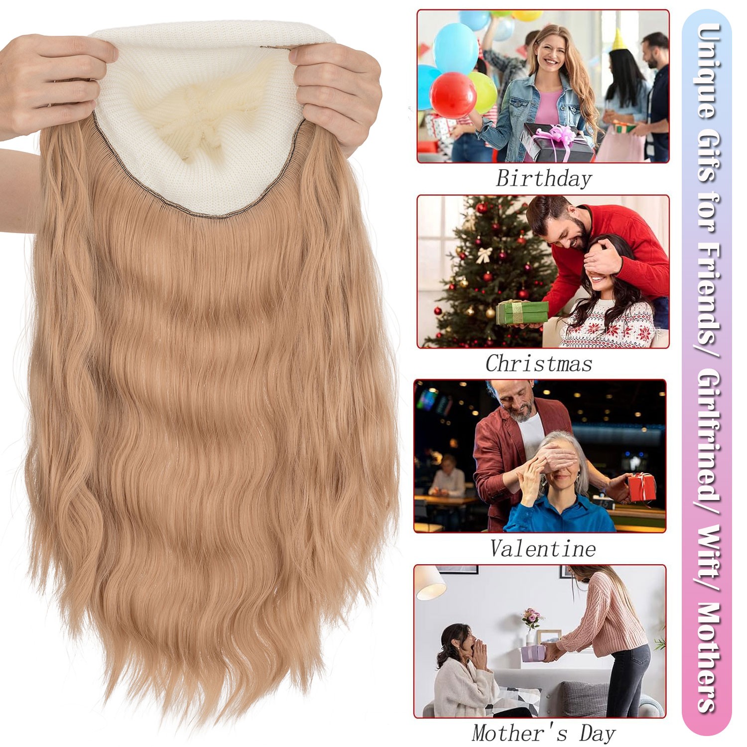 Winter Synthetic Women Long Wavy Beanie Knitted Hat Wig with Synthetic Hair Wigs