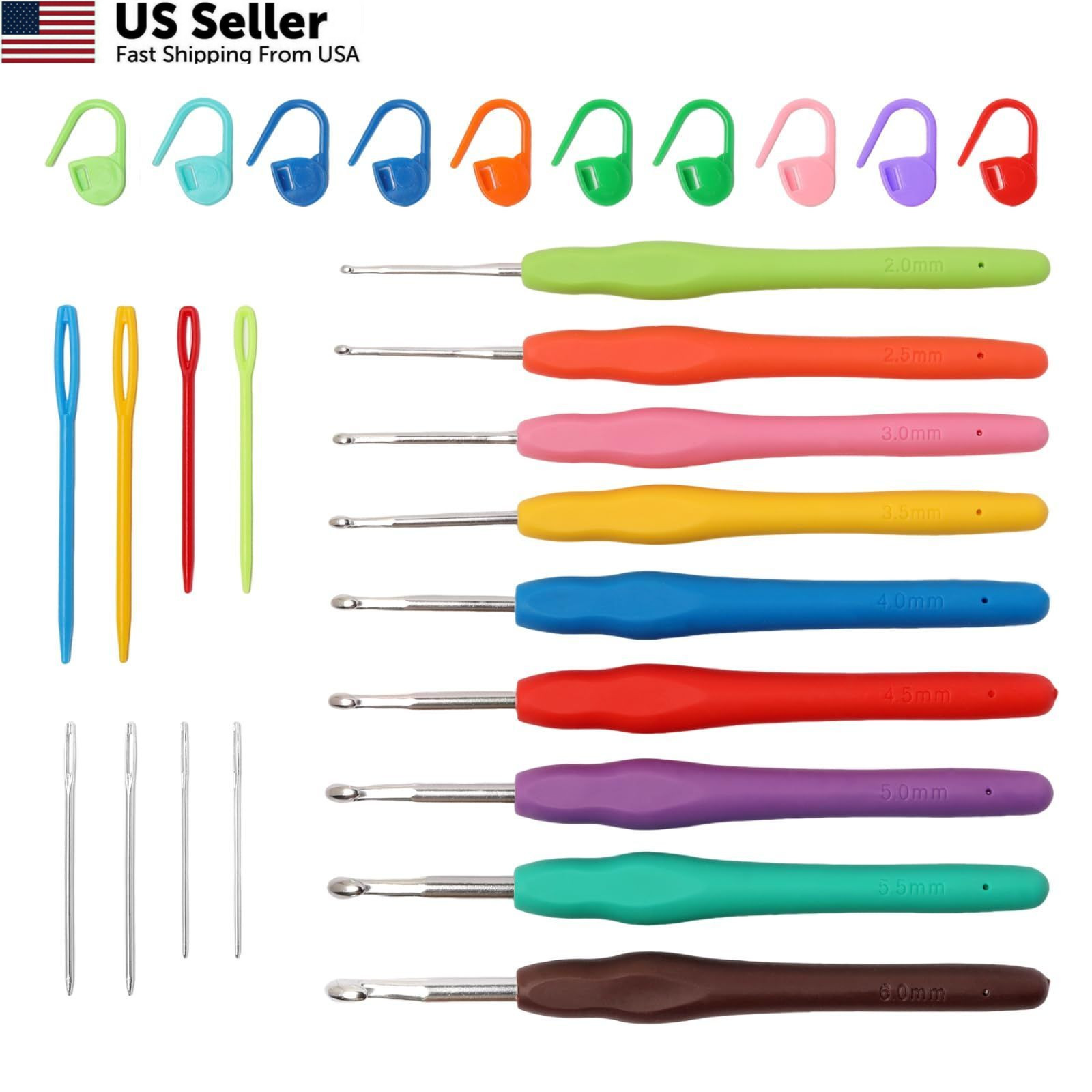 9PCS Ergonomic Crochet Hooks Set by Flickzo – Aluminum 2-6mm, Multicolor