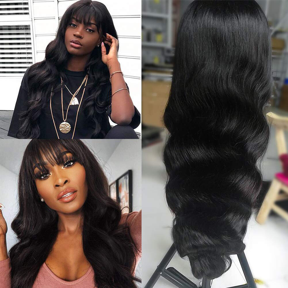 Synthetic No Lace Wigs Full Bangs Loose Wavy Long Black Heat Resistant Natural
