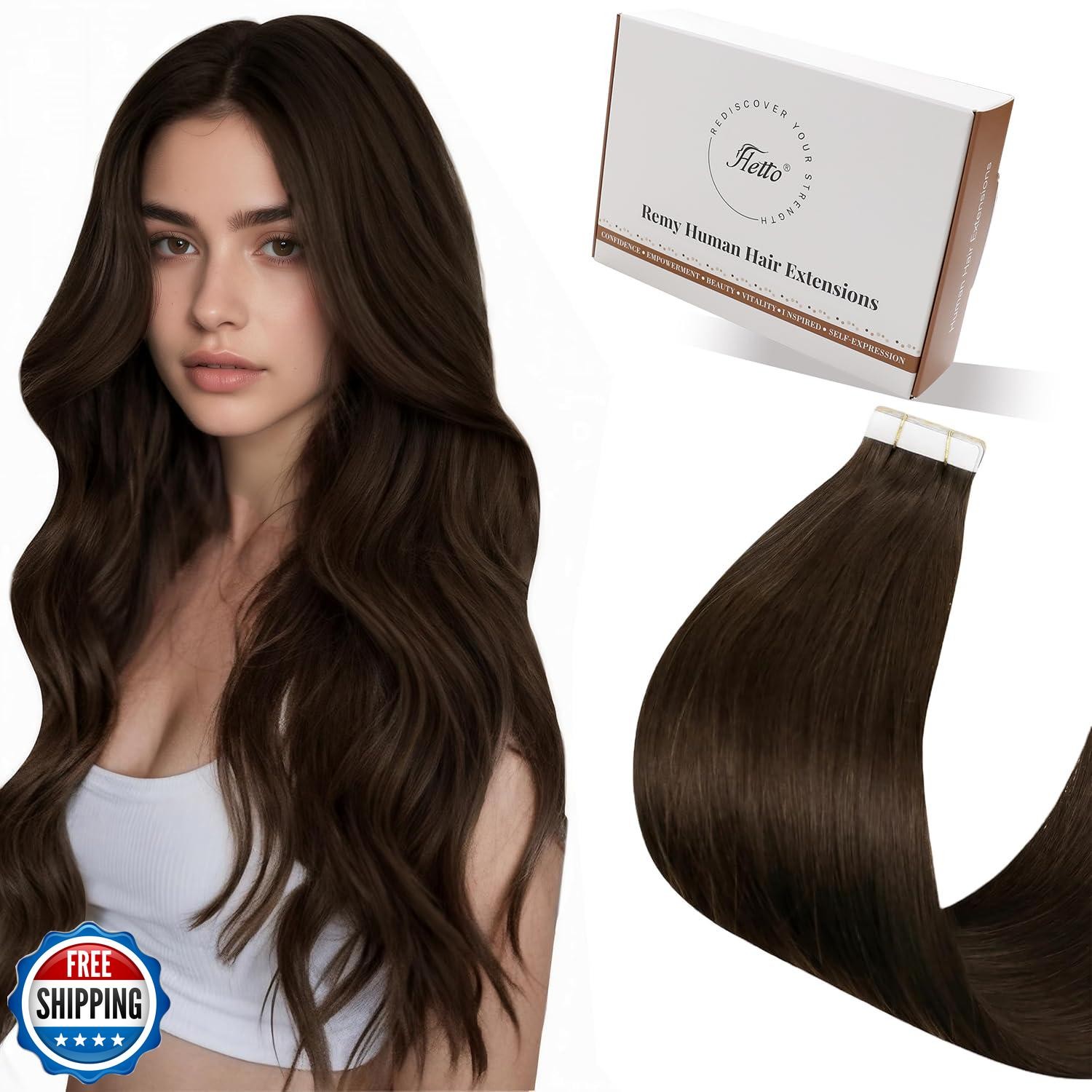 Hetto Brown Tape in Hair Extensions Real Human Hair Invisible Tape in Human H