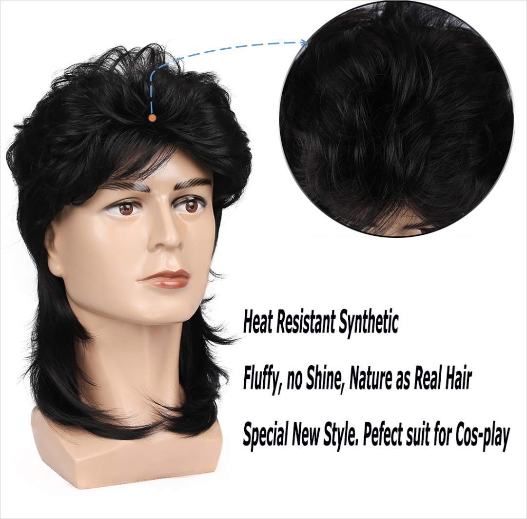 Adjustable Black Mullet Wig Cap – 70s Disco and 80s Rock Style for All Ages