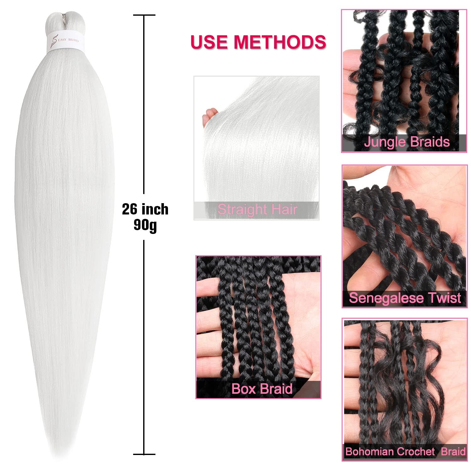 Leeven White Braiding Hair Pre Stretched 2 Packs 26 Inch (Pack of 2), White#
