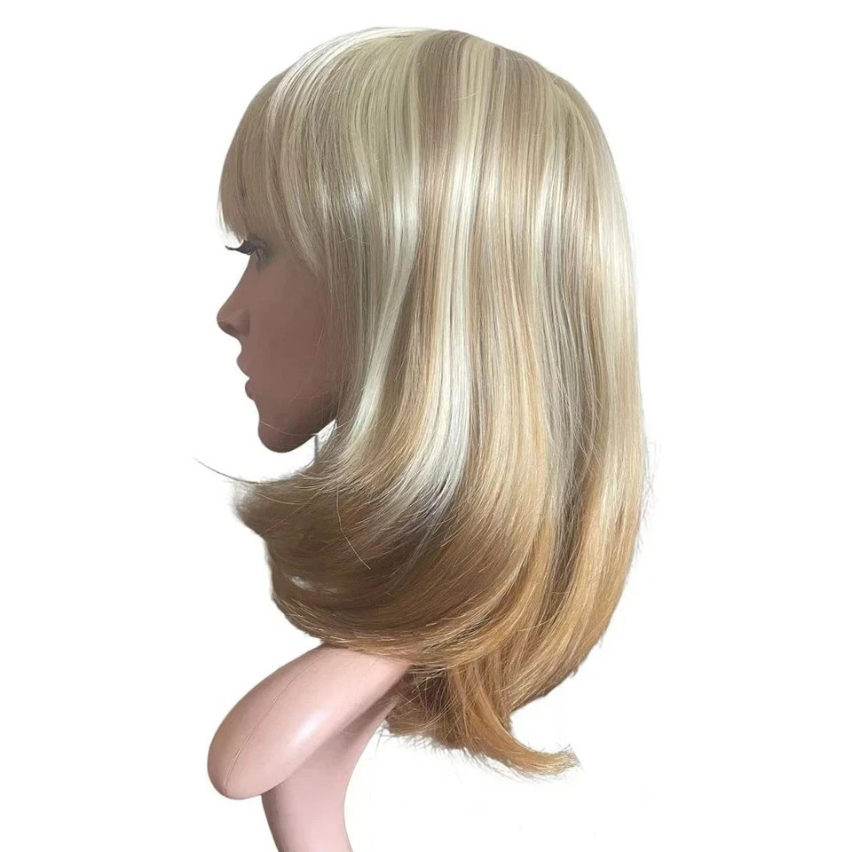 Highlight Blonde Layered Bob Wig with Bangs, Heat Resistant Synthetic Full Wig