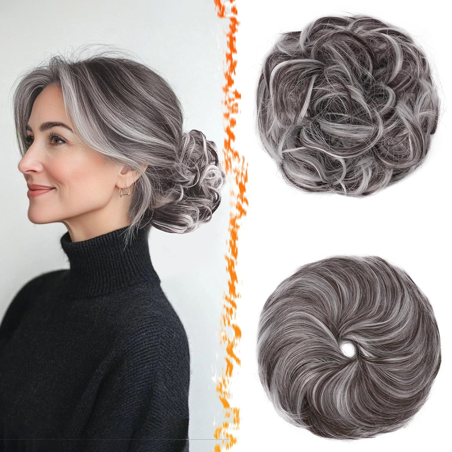 2 PCS Grey Messy Bun Hair Pieces – Elastic Brown Mix Gray Messy Bun Scrunchies H