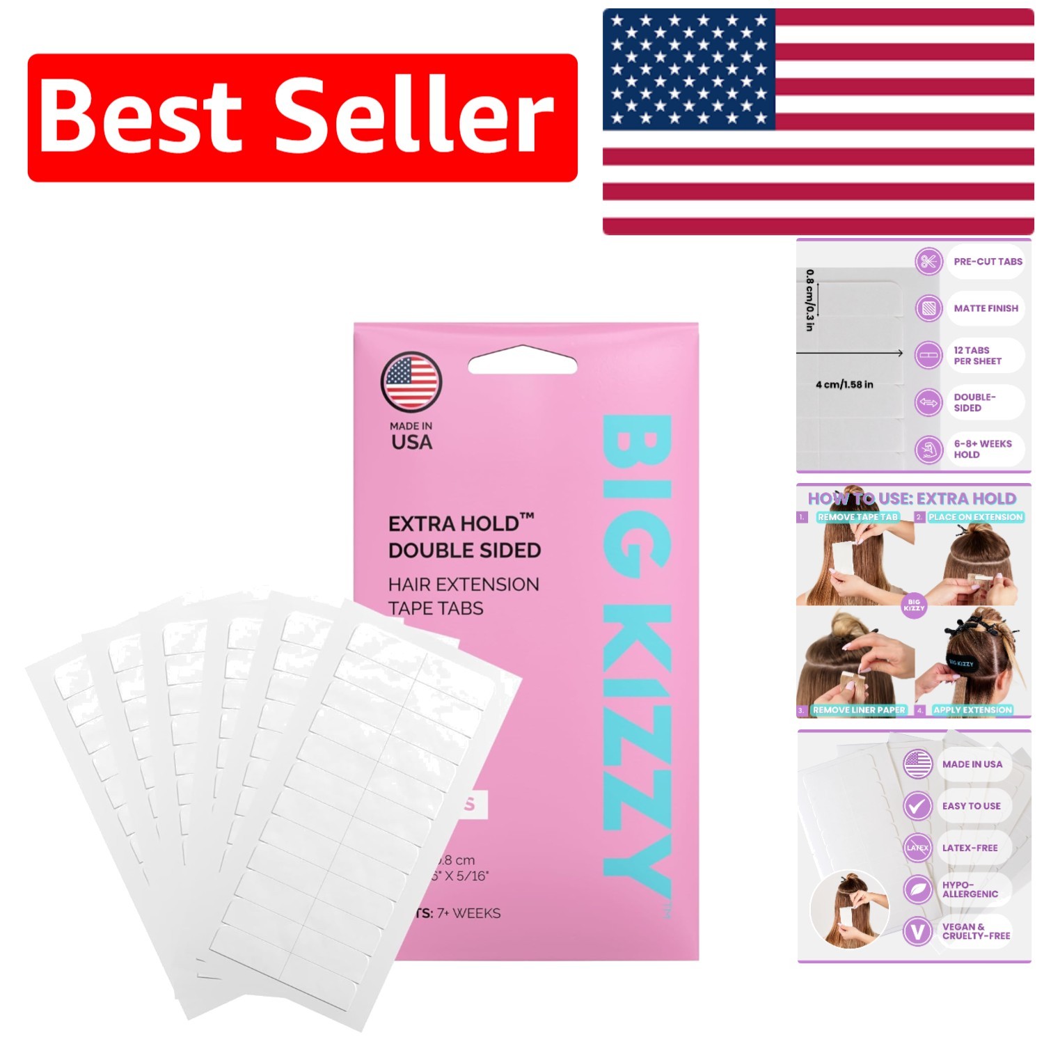 Double-Sided Hair Extension Tape – 72 Tabs with Medical Grade Adhesive, USA Made