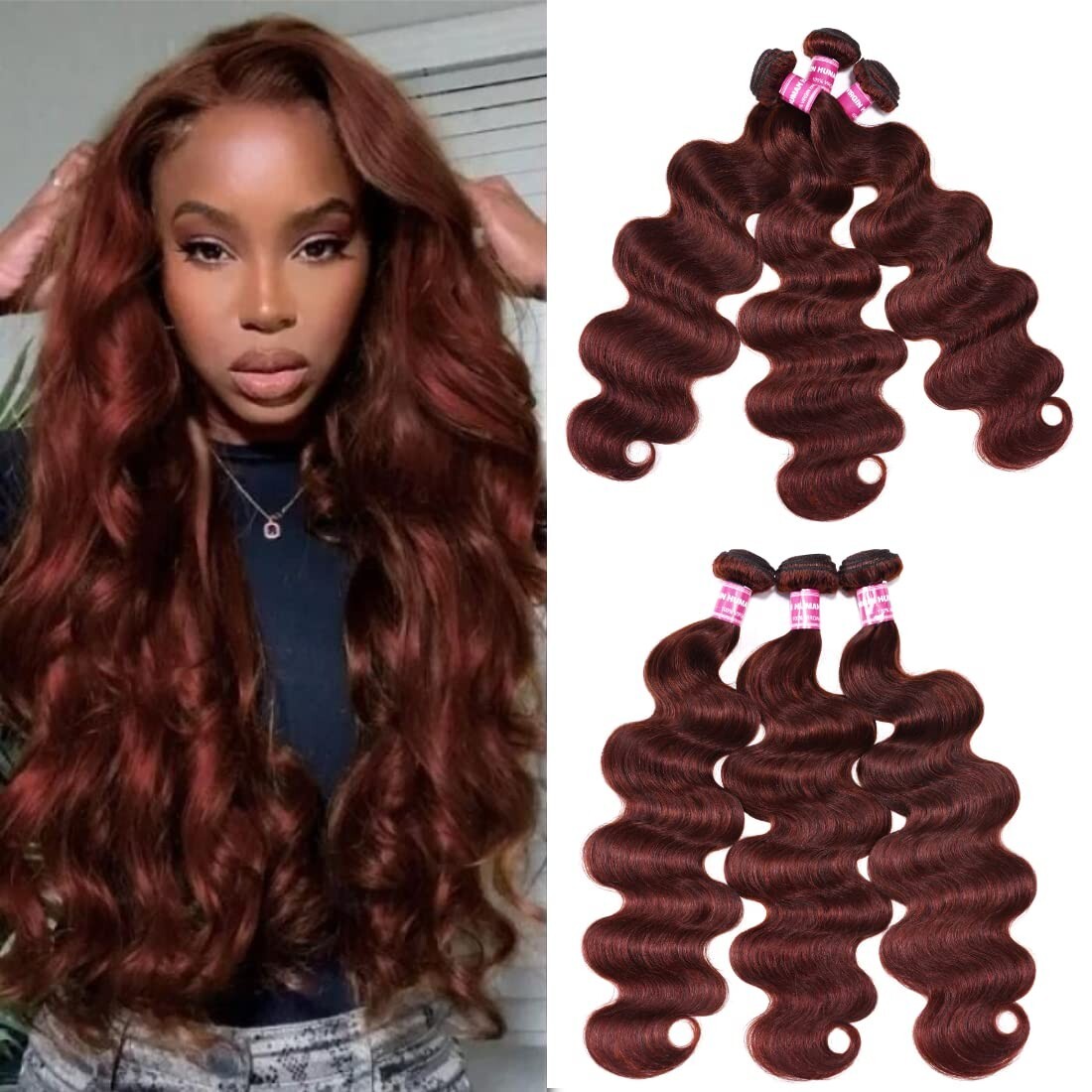 UNice Mongolian Reddish Brown Body Wave Bundles Human Hair Weave Cooper Red Weft