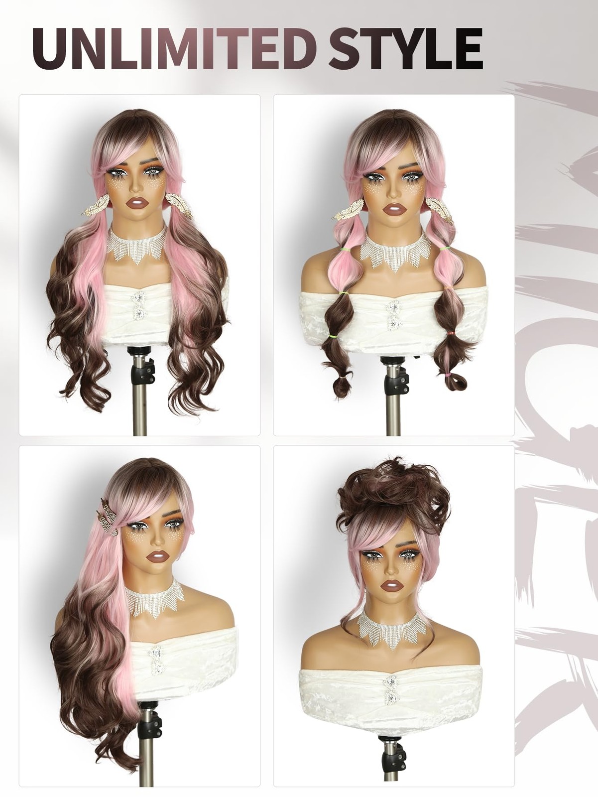 Long Wavy Wig With Bangs Pink Romantic Curly Hair With Brown Roots and Ends S…