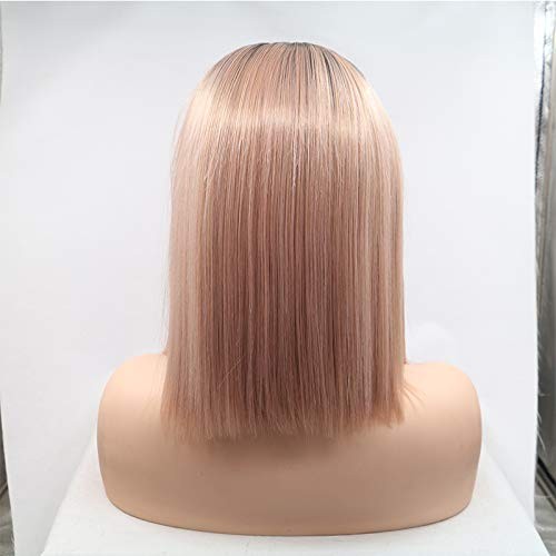 xiweiya Ombre Pink Lace Front Wig Rose Gold Wig Short Straight Peach 13×4 Lac…