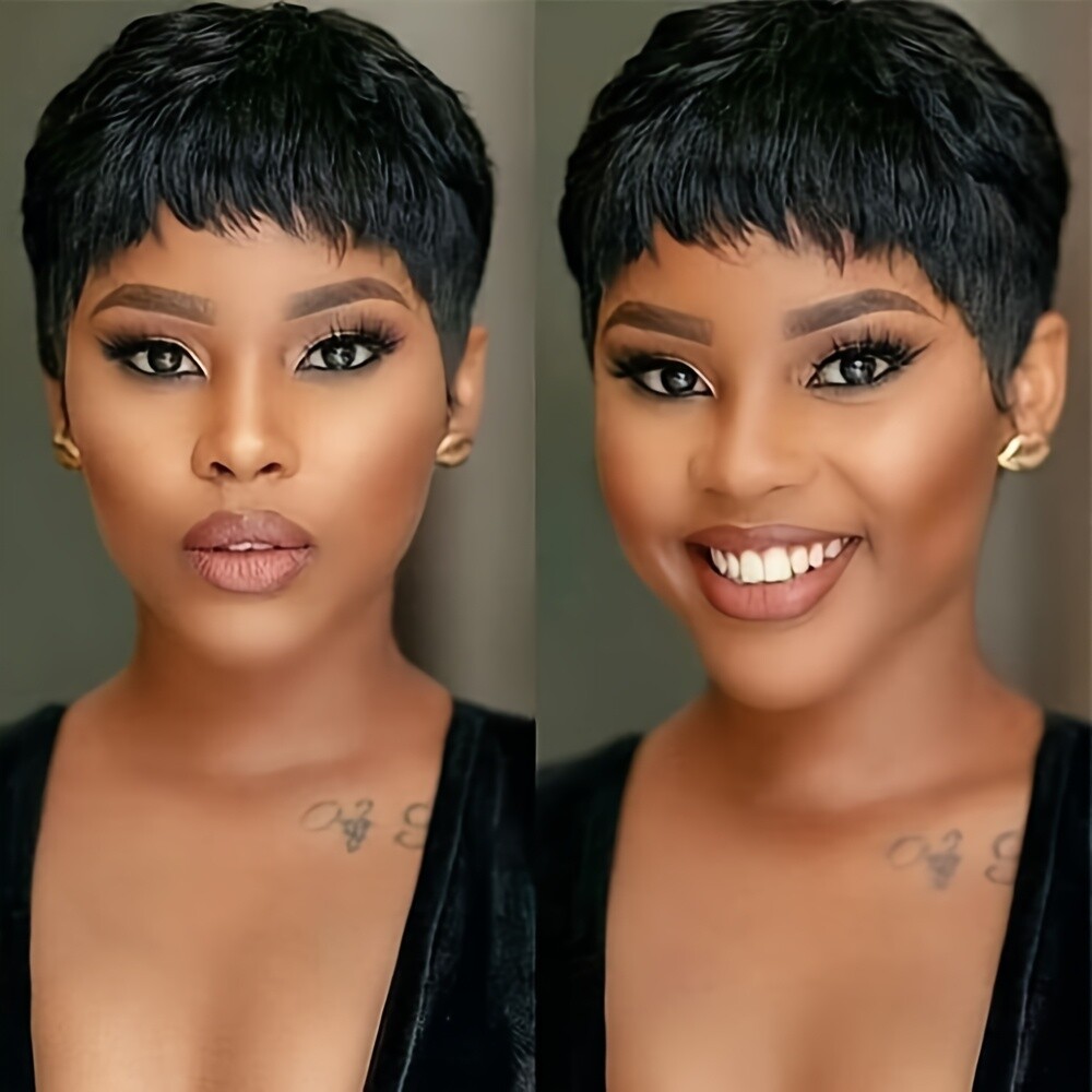 Short Wig Layered Bangs Machine Made Adjustable Combs Black Brown Blonde