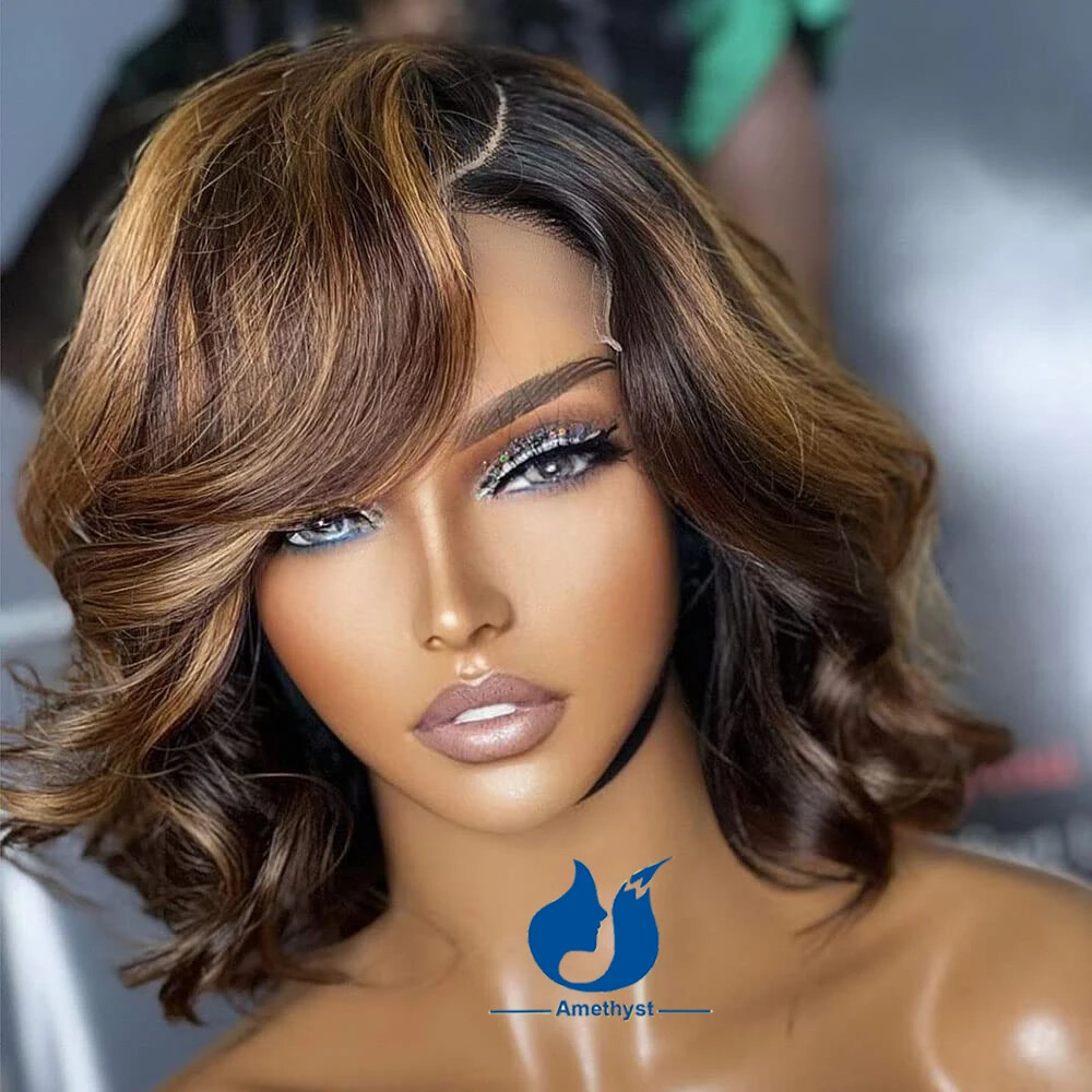 Short Wavy Ombre Blonde 13X6 Lace Front Human Hair Wigs Deep Part Highlight