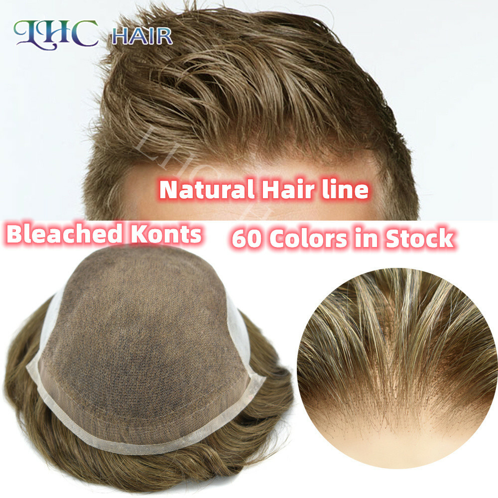 Bleached French Lace Front Mens Toupee All Colors PU Lace Human Hair Replacement