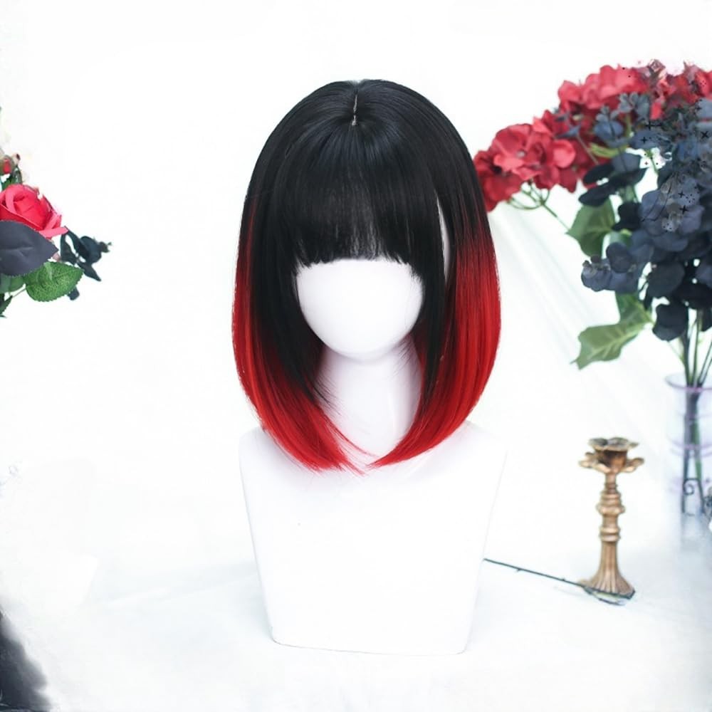 Black and Red Ombre Lolita Girls Short Bob Hair with Bangs Japanese Natural H…