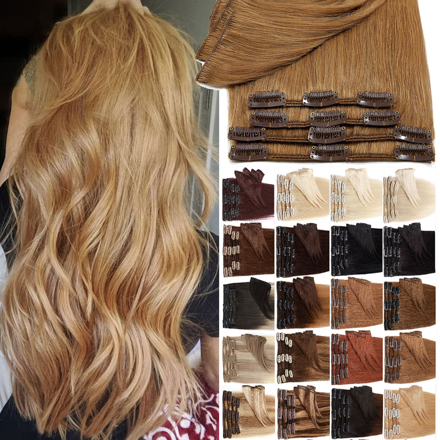 CLEARANCE Clip In 100% Real Remy Human Hair Extensions 8Pieces Full Head Caramel