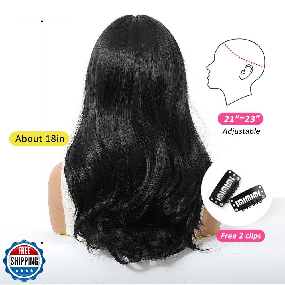 OUFEI Black Wig for Women with Curtain Bangs Natural Straight Curly Synthetic