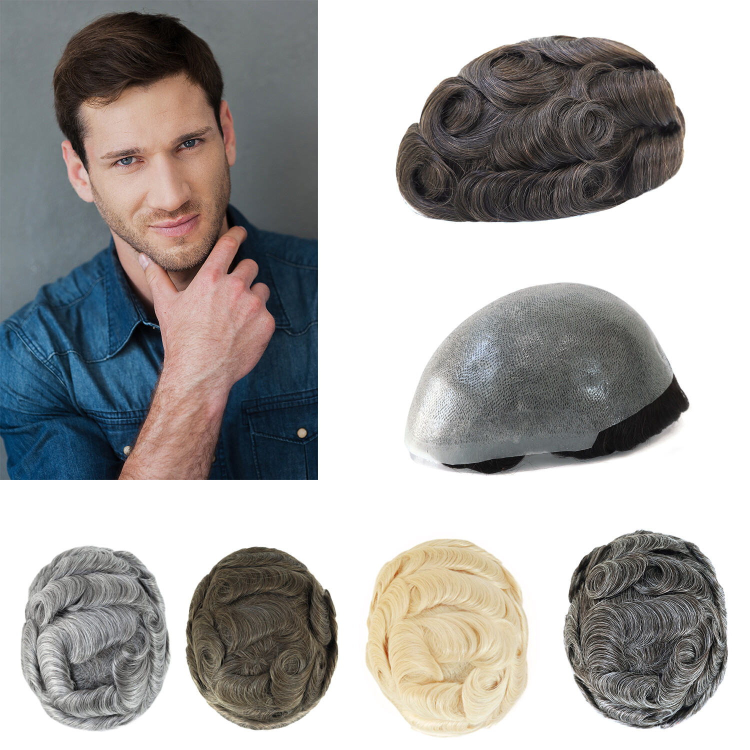Toupee For Mens Hair Replecement System Thin Skin Human Wig Poly Skin HairpieceS