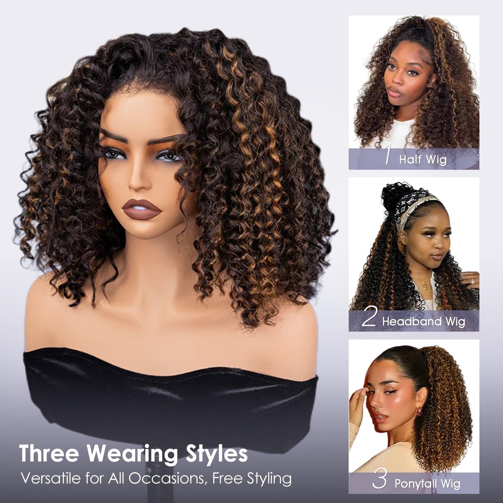 180 Density 16″ Human Hair Half Wig – Glueless, Drawstring, Clip-In, Water Wave,