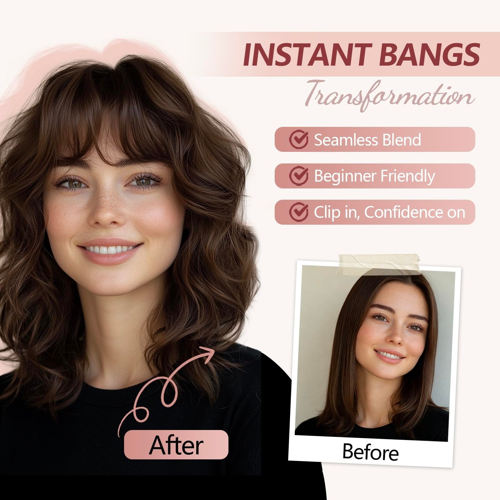 Clip-in Human Hair Bangs, Real Wispy Fringe with Side Temples for Women