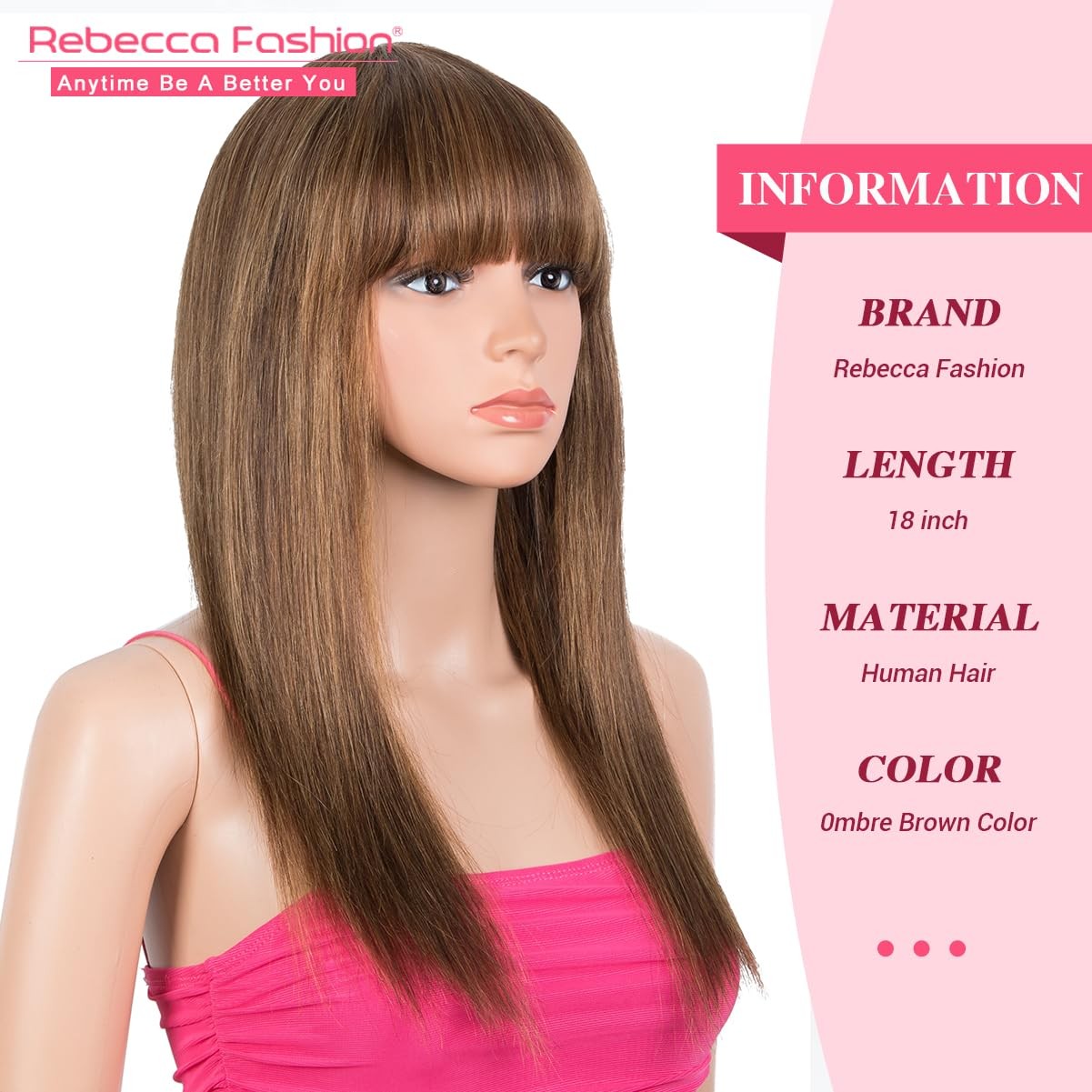 Rebecca Fashion 18 Inch Ombre Brown Straight Wigs Bangs Human Hair Wigs For