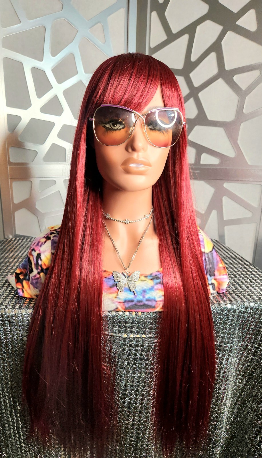 Red Wig with Bangs Straight Wig Long Red Wig Burgundy Red Wigs Glueless Heatsafe