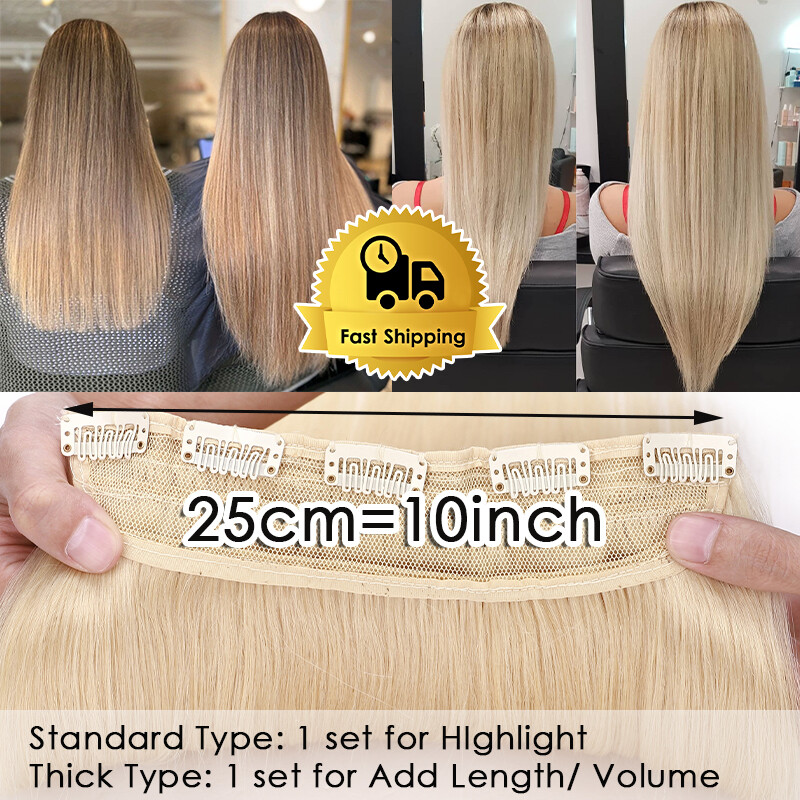 One Piece Clip In 100% Real Remy Human Hair Extensions Half Head Hairpiece Blond