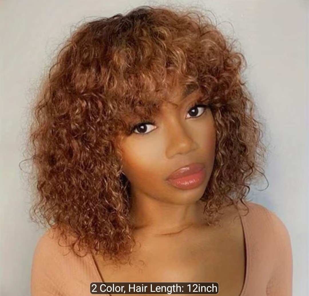 Women’s Ombre Brown 12 Inch Short Curly Bob Wig with Bangs Human Hair for Water