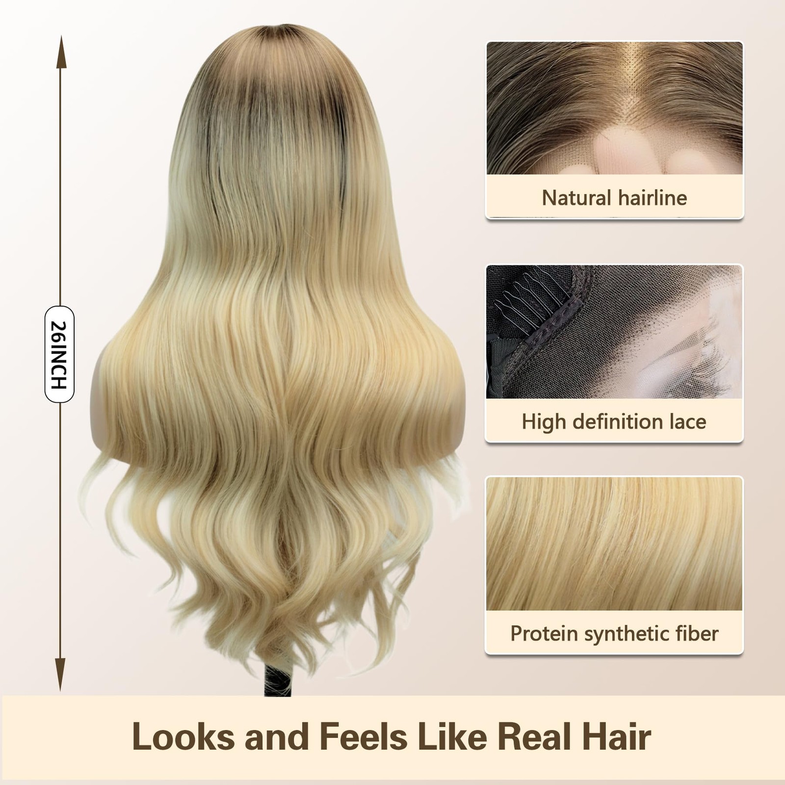 26″ HD Lace Front Wig – Glueless Pre-Plucked Ombre Golden Wheat Wavy Hair 13x…