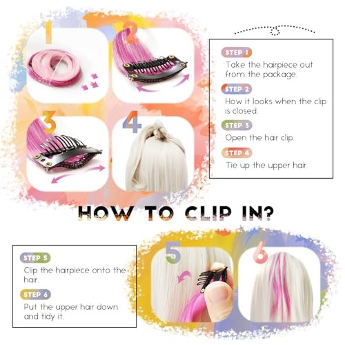 Mix Colored Hair Extensions for Kids, Girls Clip In Rainbow Multi Colors D