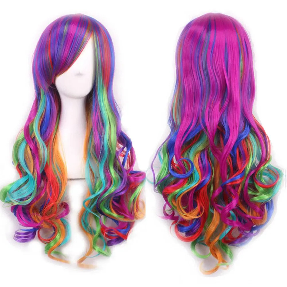 Soowee Ombre Rainbow Synthetic Cosplay Wig with Bangs Multicolor Wig for Women