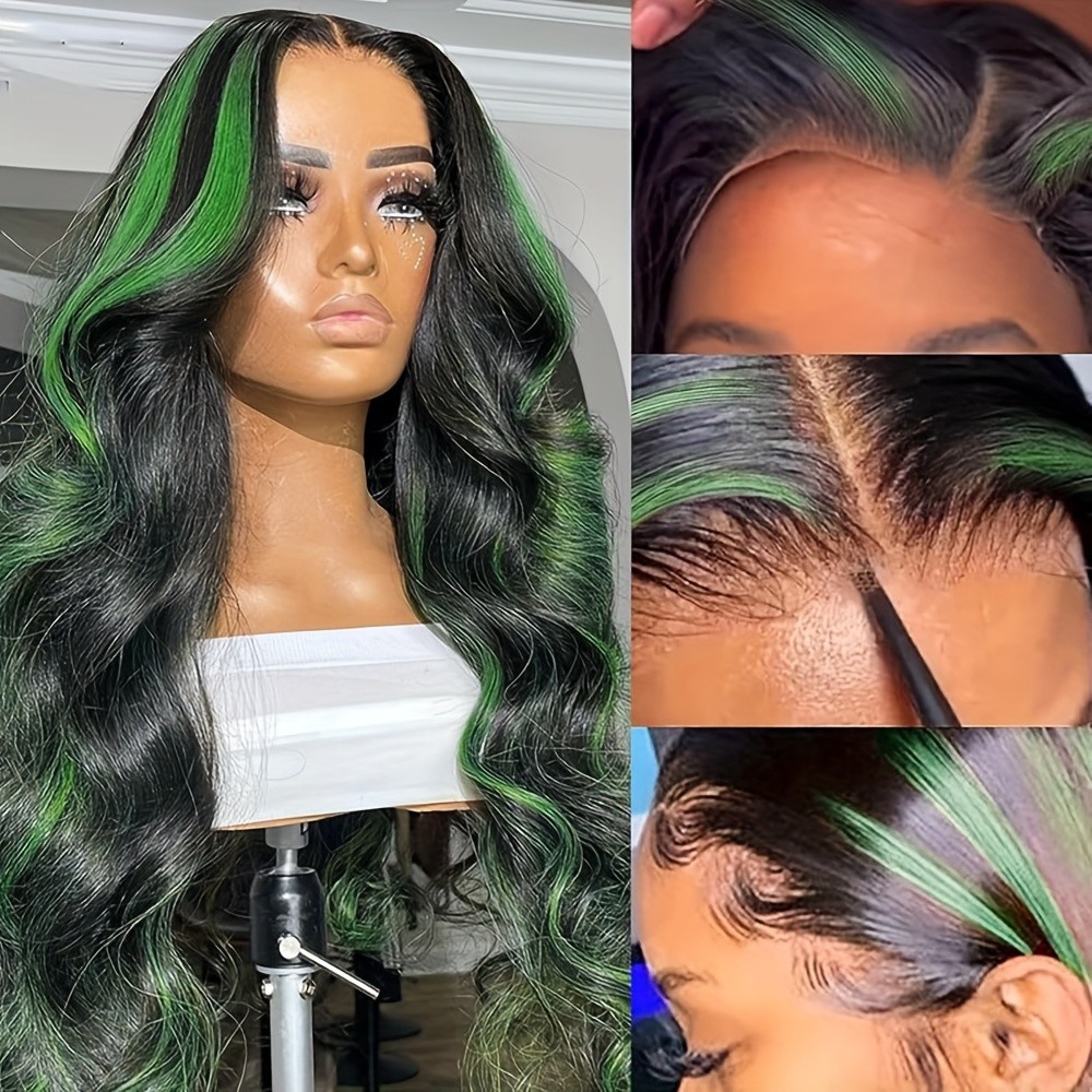 Green Highlights Ombre Long Wavy Lace Front Wigs Pre Plucked Natural Hairline