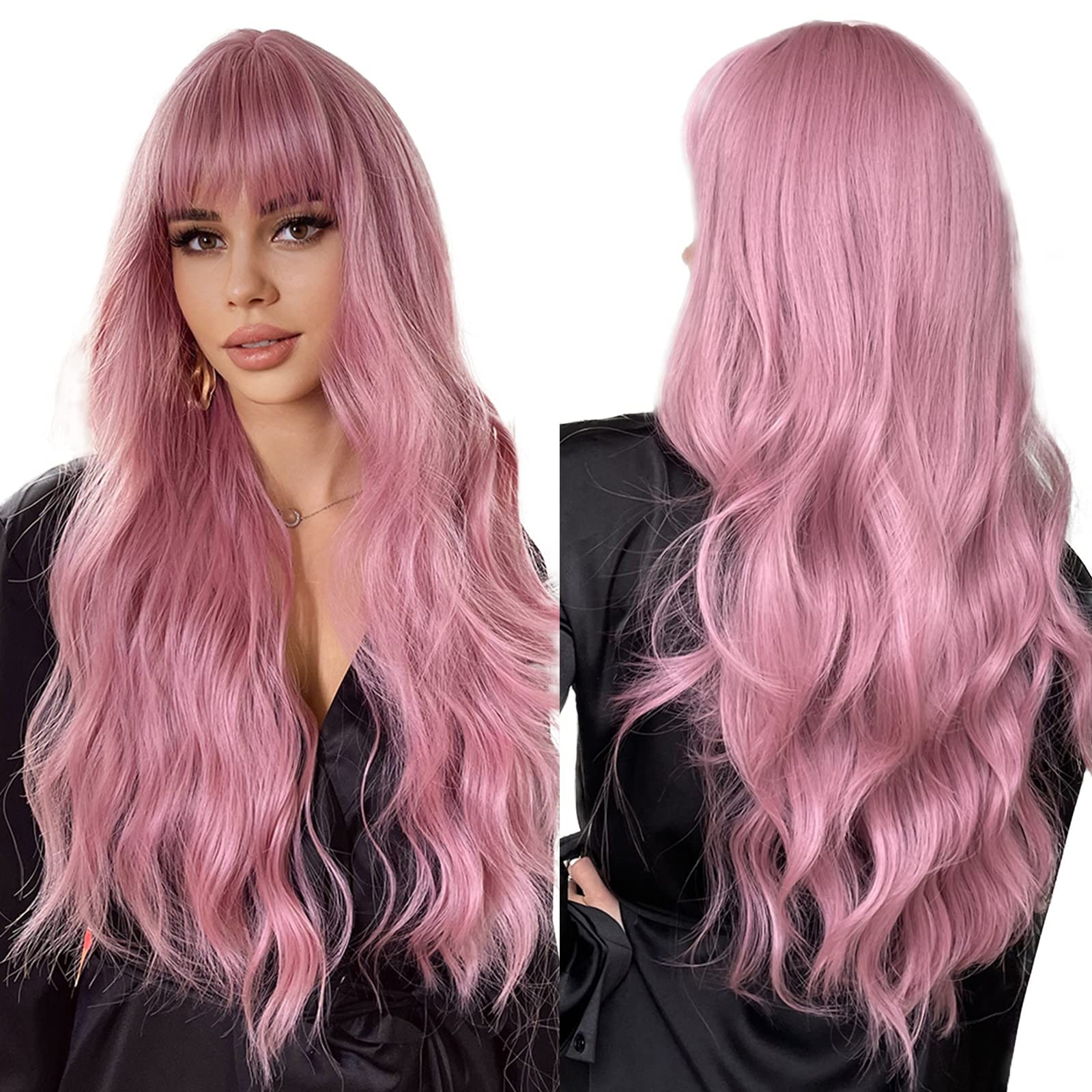 26 Inches Long Pink Wig with Bangs Natural Synthetic Hair Wavy Wigs for Women…