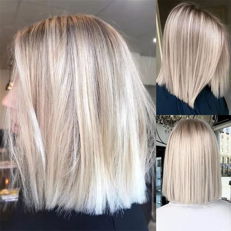 Short Bob Remy Human Hair Wig Ash Blonde Highlight 13×4 Lace Front Straight Wig