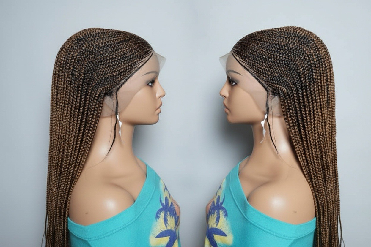 Black and Brown Braided Wig Cornrow Individual Braids Full Lace Baby Hair -36in