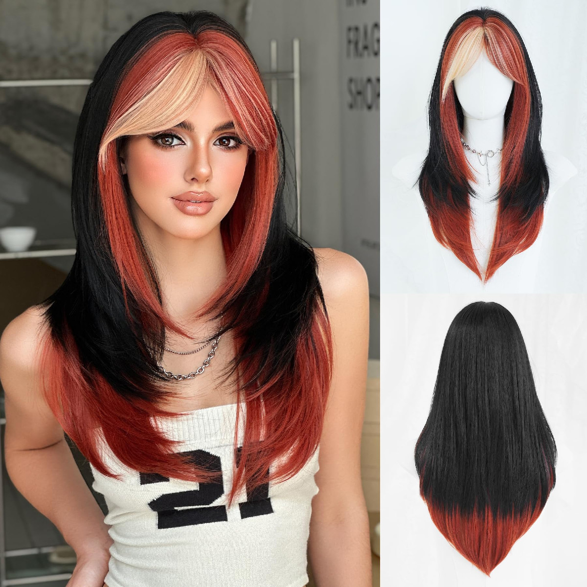 7Jhh Wigs Black Ginger Wig Half Orange Ombre Pink Bangs For Women 25 Inch