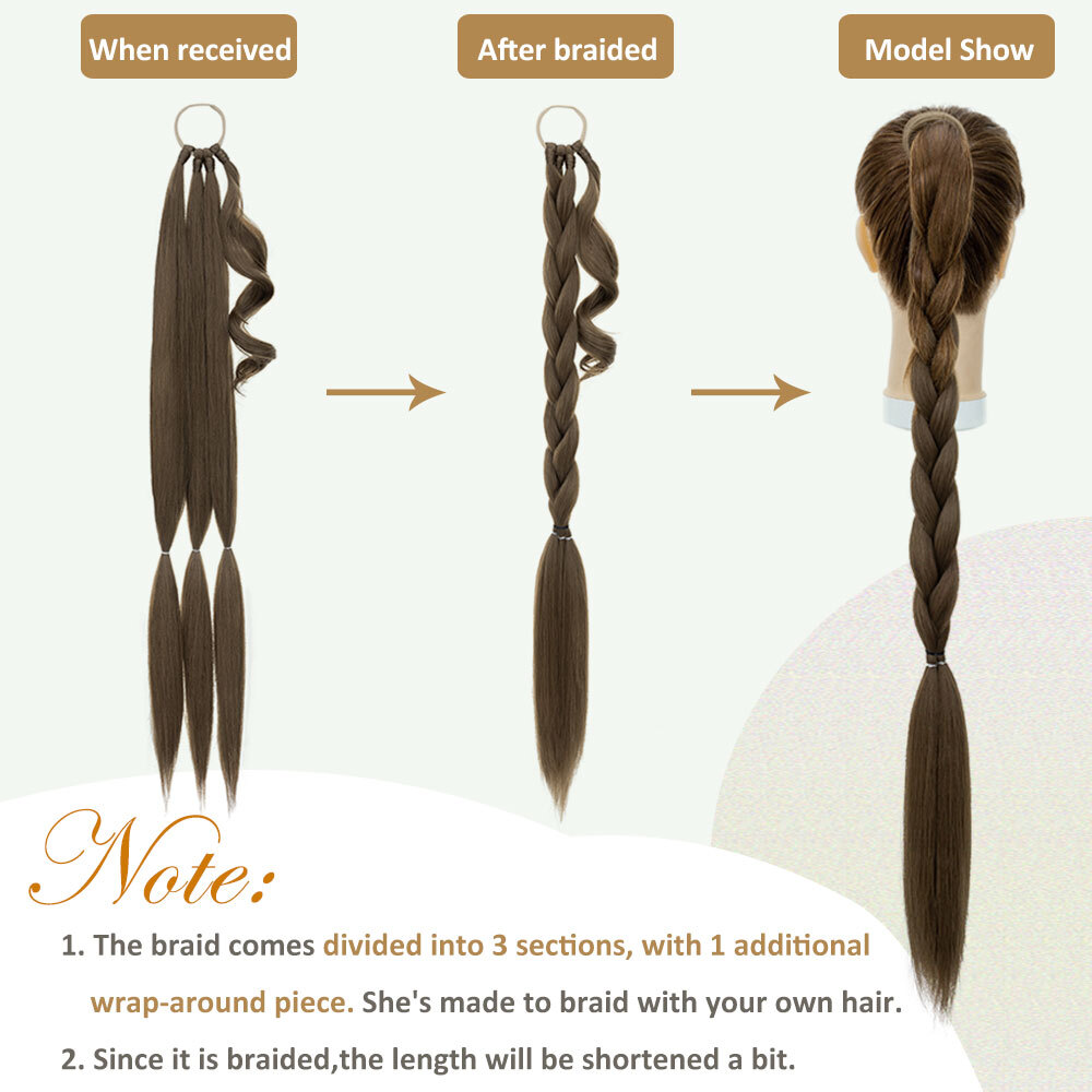 34″ Long Braided Ponytail Extensions Real As Human Hair Straight Hair Pony tail