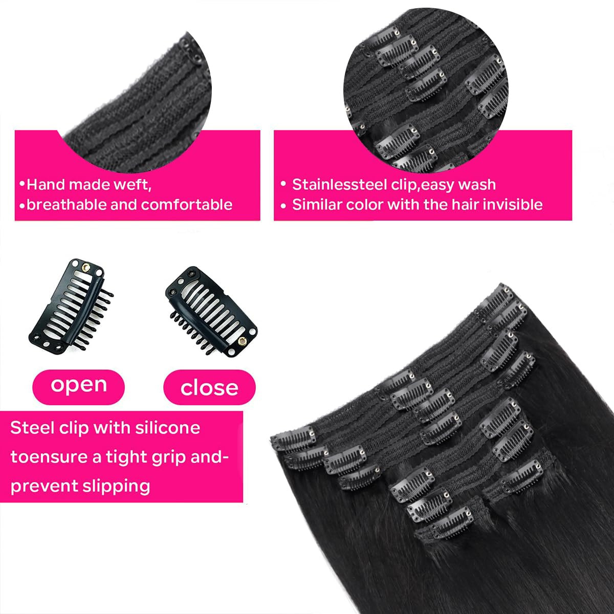 20″ Yaki Straight Clip-In Hair Extensions – Remy Human Hair #1B Natural Black