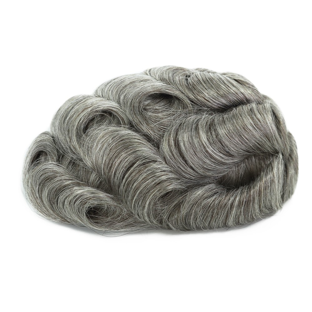 Toupee for Men Human Hair System Unit 0.05mm Thin Skin BIO Grey Hairpieces #365